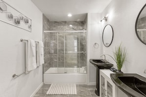Hair dryer, towels, soap, shampoo