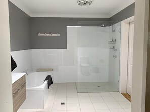 Hair dryer, towels, soap, toilet paper