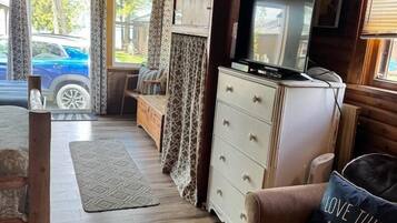 TV, fireplace, DVD player, books