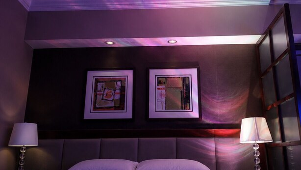 Een slaapkamer met een sterrenhemelplafond, een bed, twee ingelijste kunstwerken aan de muur en twee bedlampjes.