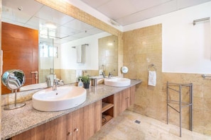 Shower, hair dryer, towels