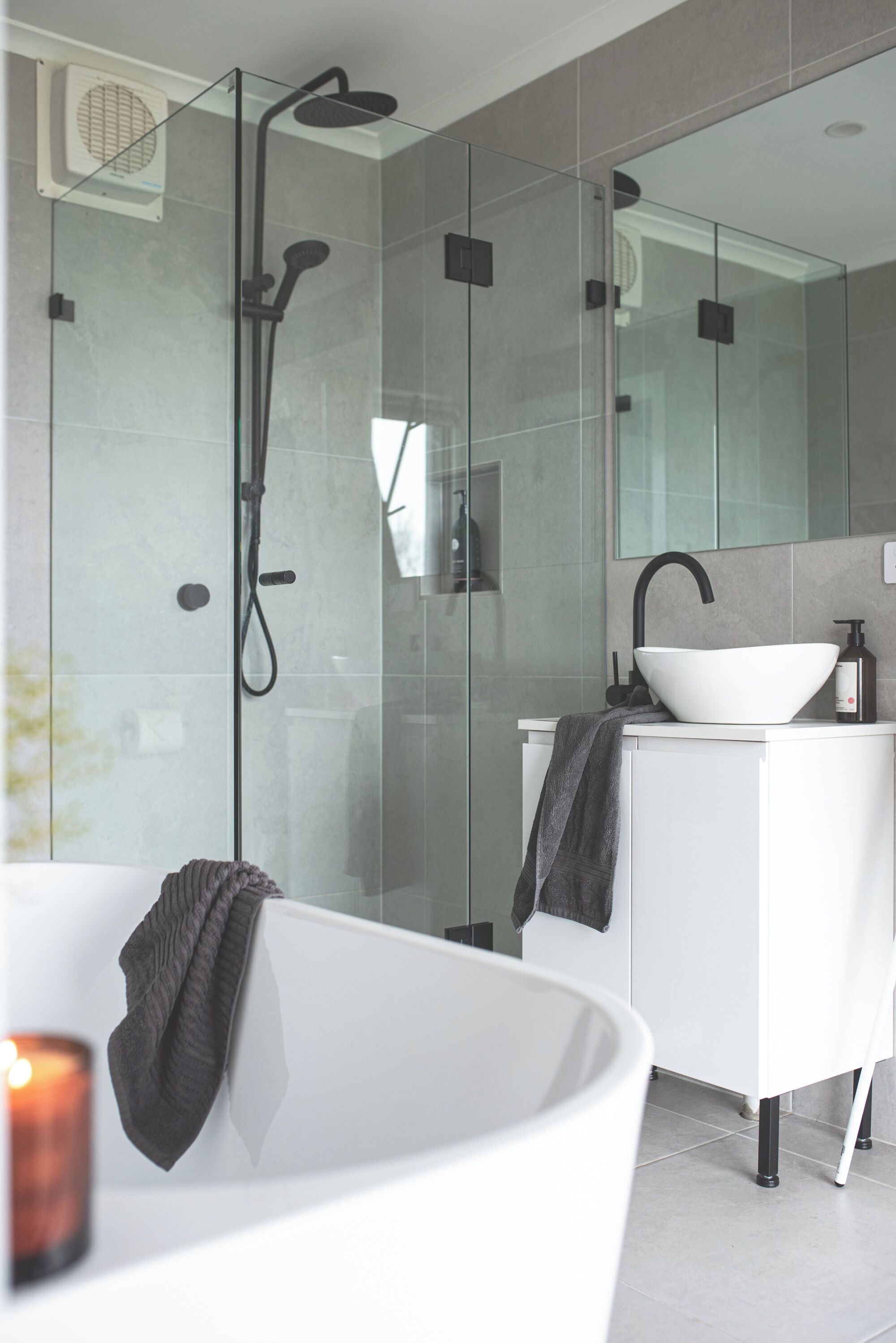 Hair dryer, towels, soap, shampoo