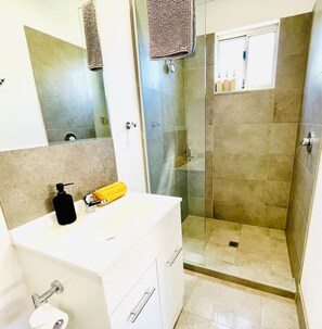 Shower, hair dryer, towels, soap