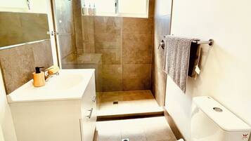 Shower, hair dryer, towels, soap