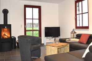 Smart TV, chimenea, reproductor de DVD y estéreo 
