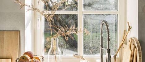 Fridge, oven, stovetop, coffee/tea maker