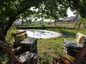 Un espace extérieur aménagé avec des meubles en osier et des coussins, un petit étang et une vue sur un champ clôturé.