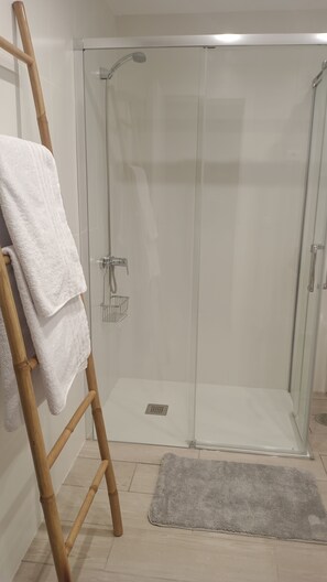 Douche, séchoir à cheveux, serviettes fournies, savon