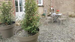 A courtyard with two potted plants, a table with chairs, and a window.