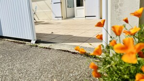 A building entrance with a tiled pathway leading to a door, surrounded by a garden with orange flowers. - Holiday home wild coast la Chaume (Les Sables-d´Olonne)