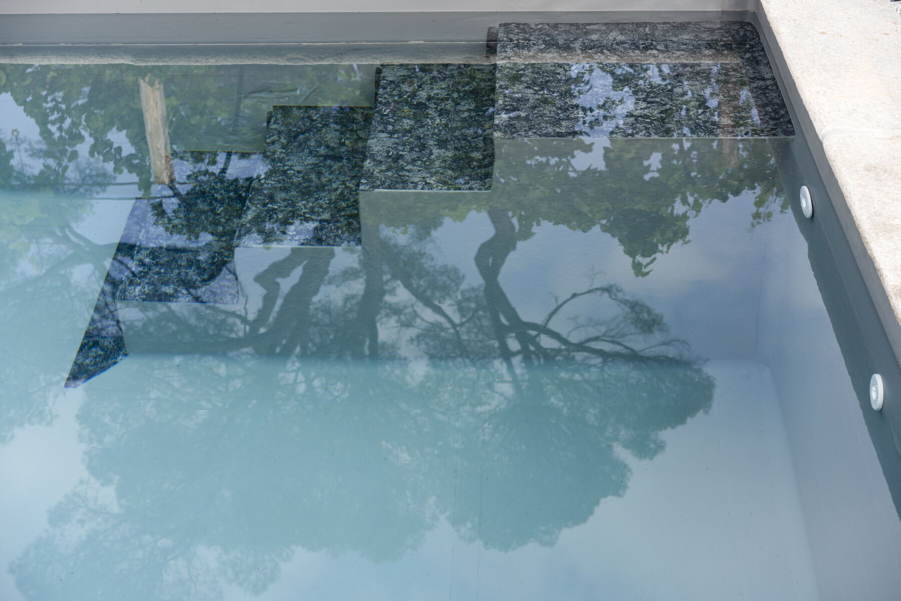 A clear view of a swimming pool with a tiled edge and reflections of trees.