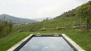Una piscina con vistas a viñedos y colinas lejanas.