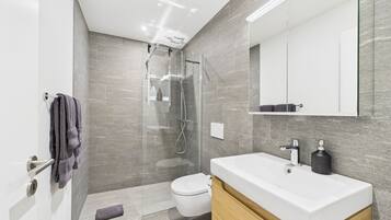 Shower, hair dryer, towels, soap