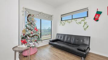 Smart TV, fireplace, DVD player, table football