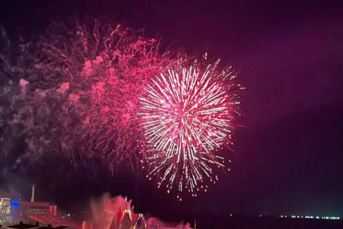 A night scene with fireworks.