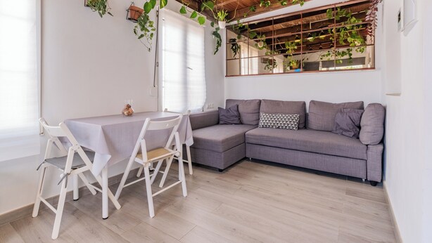 A modern living space with a wooden ceiling, a grey sofa, a dining table with chairs, and various plants. - Casita Lucero (Málaga)