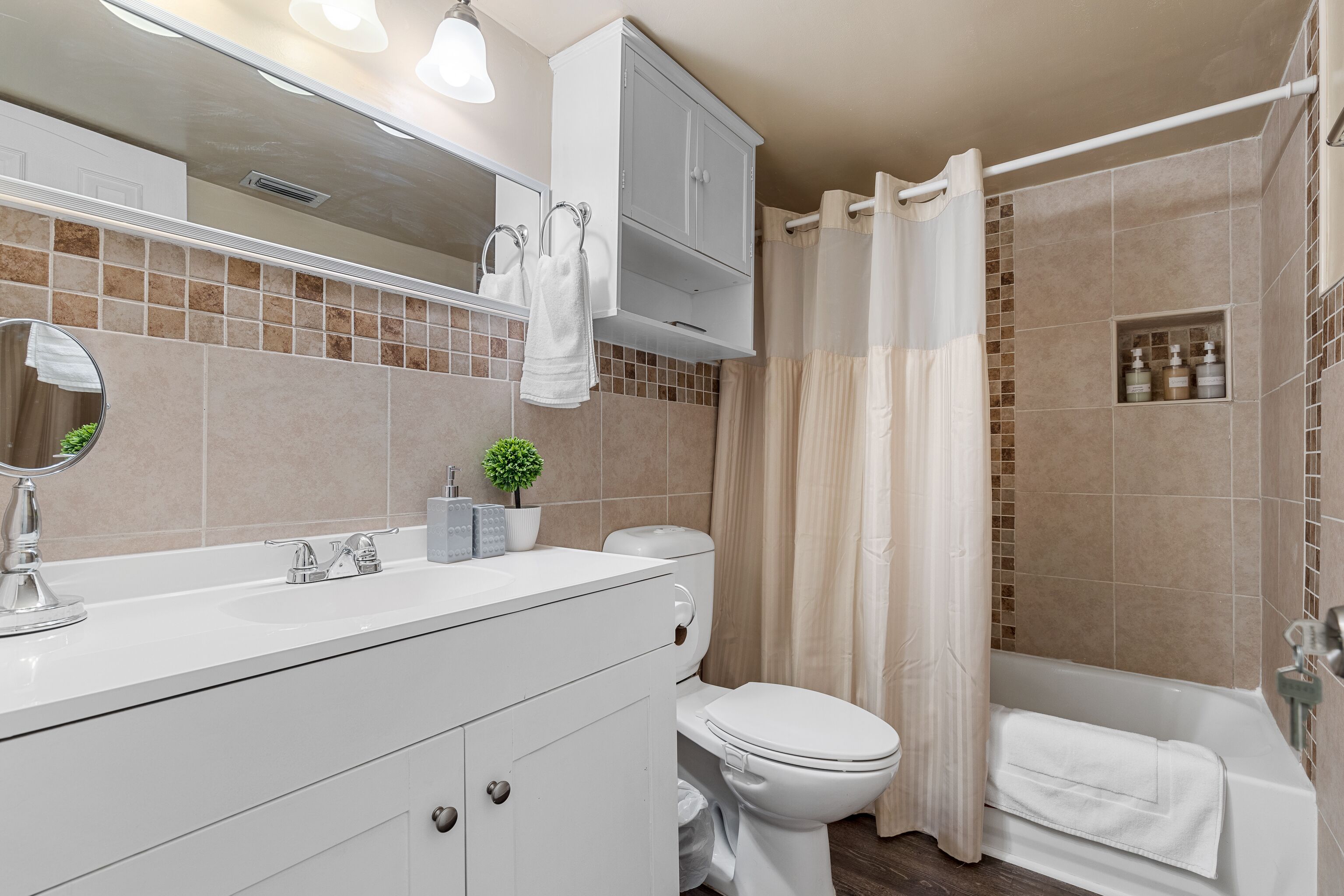 Hair dryer, towels, soap, shampoo