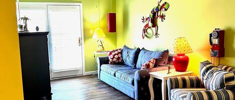 Smart TV, fireplace, video games, DVD player