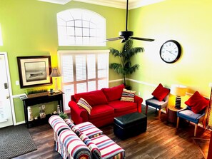 Smart TV, fireplace, video games, DVD player