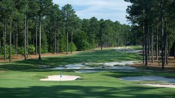 Enjoy a round of golf on this well-maintained course surrounded by tall pine trees.