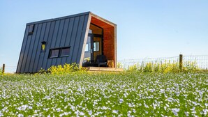 A modern, compact building with a wooden exterior and a glass door, situated in a field of white flowers.