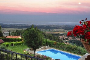 A residential area with a swimming pool, a tree, and a view of a distant town.