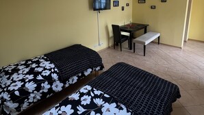 Ett rum med två sängar, ett skrivbord, en stol, en tv och en taklampa.