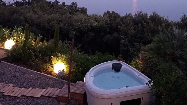 A hot tub in a garden with a view of the sea and a moon in the sky.
