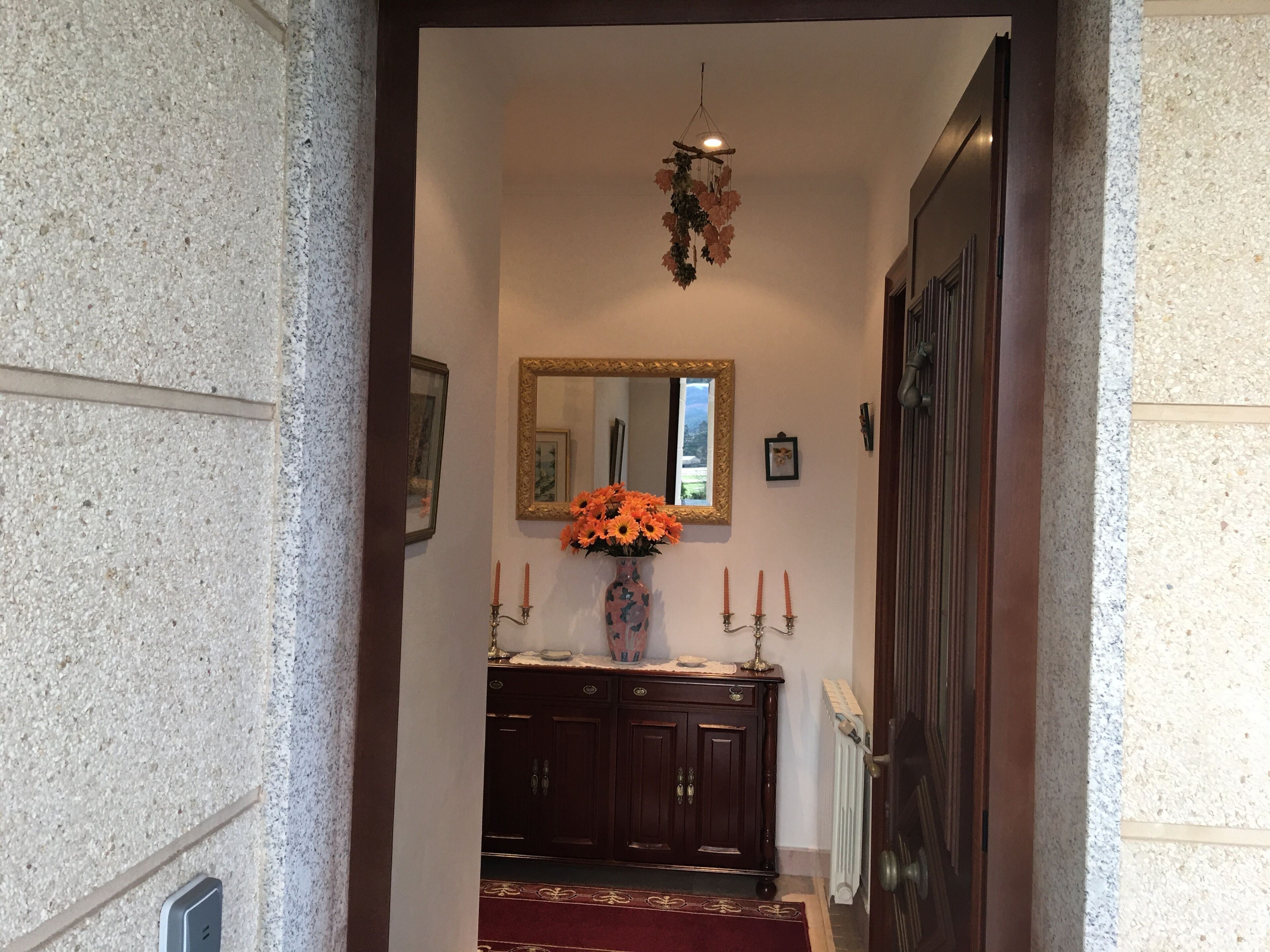 Un pasillo con puerta de madera, espejo, jarrón con flores y radiador.