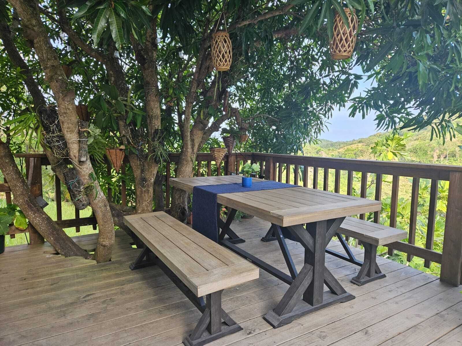 Una terraza de madera al aire libre con mesas de picnic y faroles colgantes, rodeada de abundante vegetación.