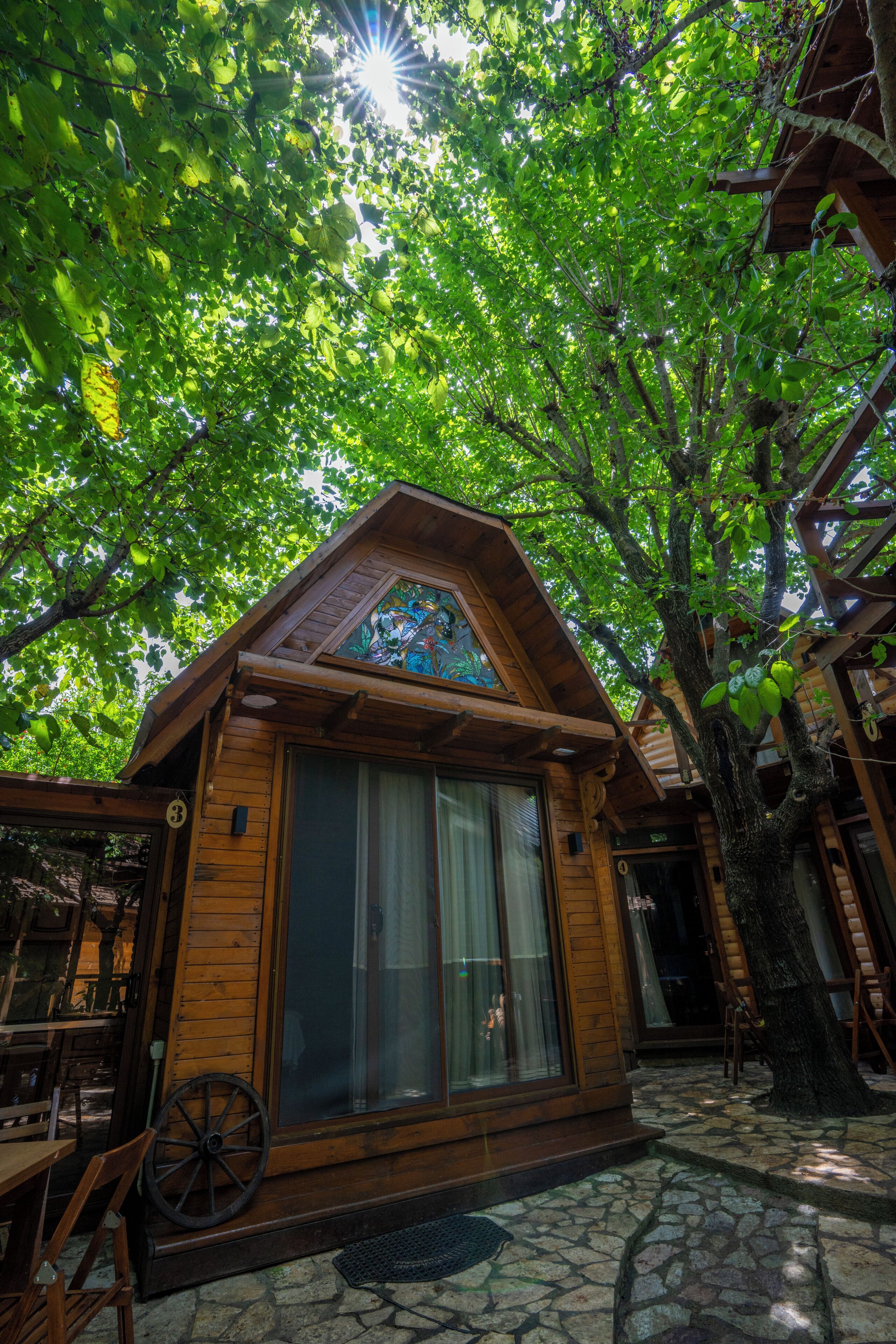 Une cabane en bois dotée d’une grande fenêtre et d’une porte, entourée d’arbres.