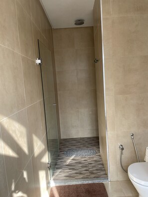 Een douche, een haardroger, handdoeken, zeep