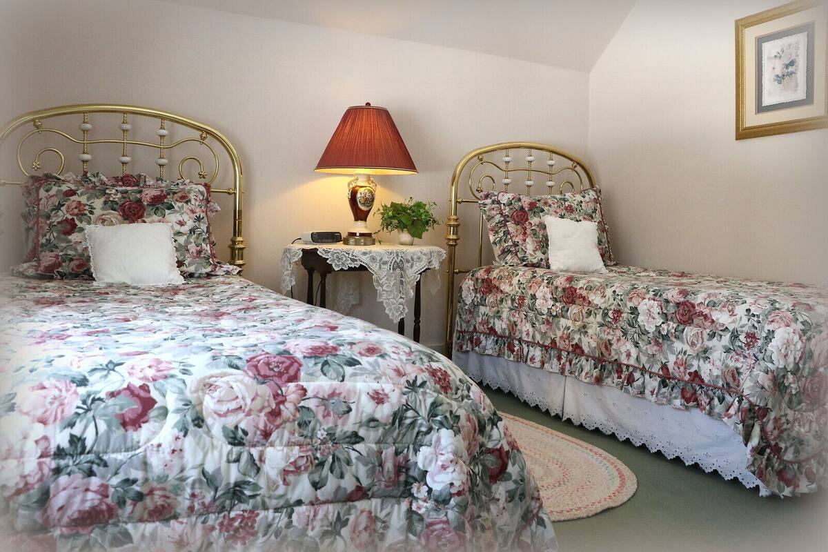 Ein Schlafzimmer mit zwei Einzelbetten, einem Nachttisch mit Lampe und einem kleinen Tisch mit Pflanze.