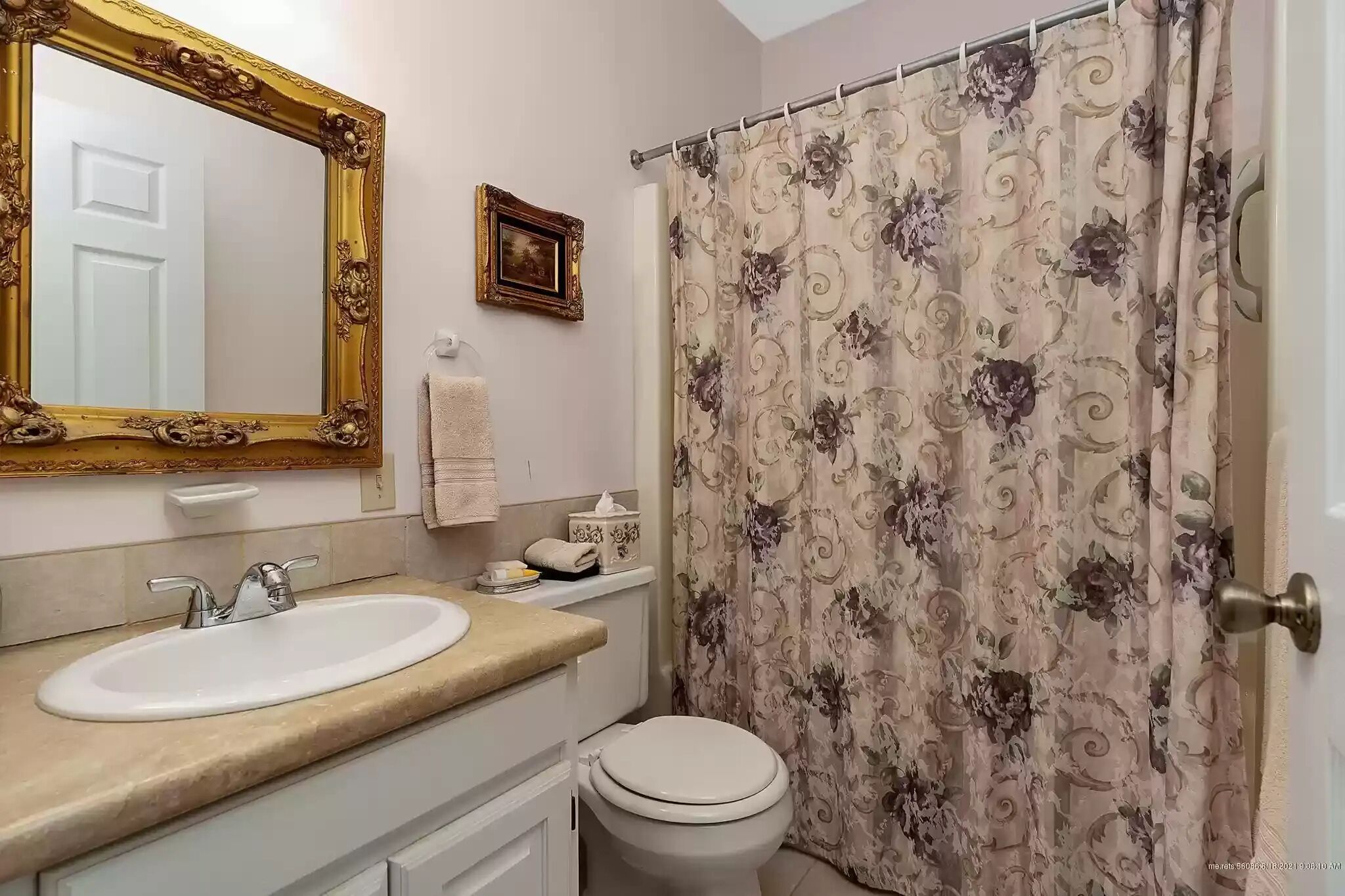A bathroom with a white sink, a toilet, a shower curtain with a floral pattern, and a mirror with an ornate frame.