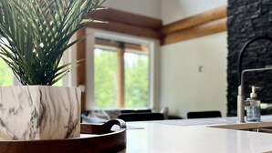 Une cuisine dotée d’un plan de travail en marbre, d’une plante en pot et d’un mur d’accent en pierre.