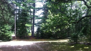 A forested area with tall trees and a dirt path. - Island Getaway! Nestled in the woods with easy access to sandy beach (Point aux Pins)