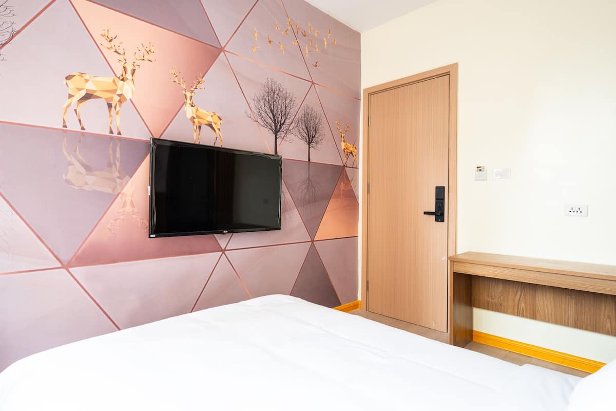 A modern hotel room with a bed, a mounted TV, a wooden wardrobe, and a geometric wall design.