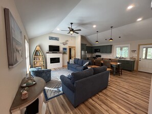 Smart TV, fireplace, books