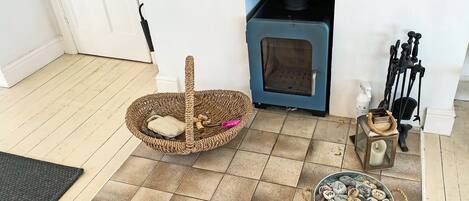 A room with a wicker basket, a blue heater, a metal bowl with stones, and a door.