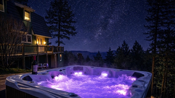 Een hottub met een sterrenhemel op de achtergrond, omringd door bomen en een huis.