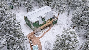 Een chalet met een met sneeuw bedekte dak, omringd door bomen.