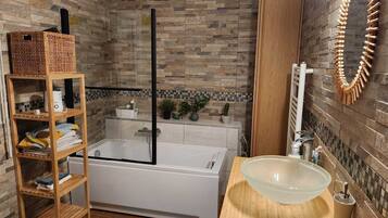 Hair dryer, towels, toilet paper