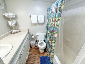 Douche, séchoir à cheveux, serviettes fournies