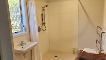 Regadera, secadora de cabello, toallas, jabón