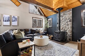 TV connectée, cheminée, livres