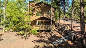 Una baita di legno con veranda, immersa tra gli alberi e un vialetto sterrato.