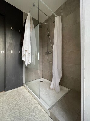 Regadera, secadora de cabello, toallas, papel de baño 