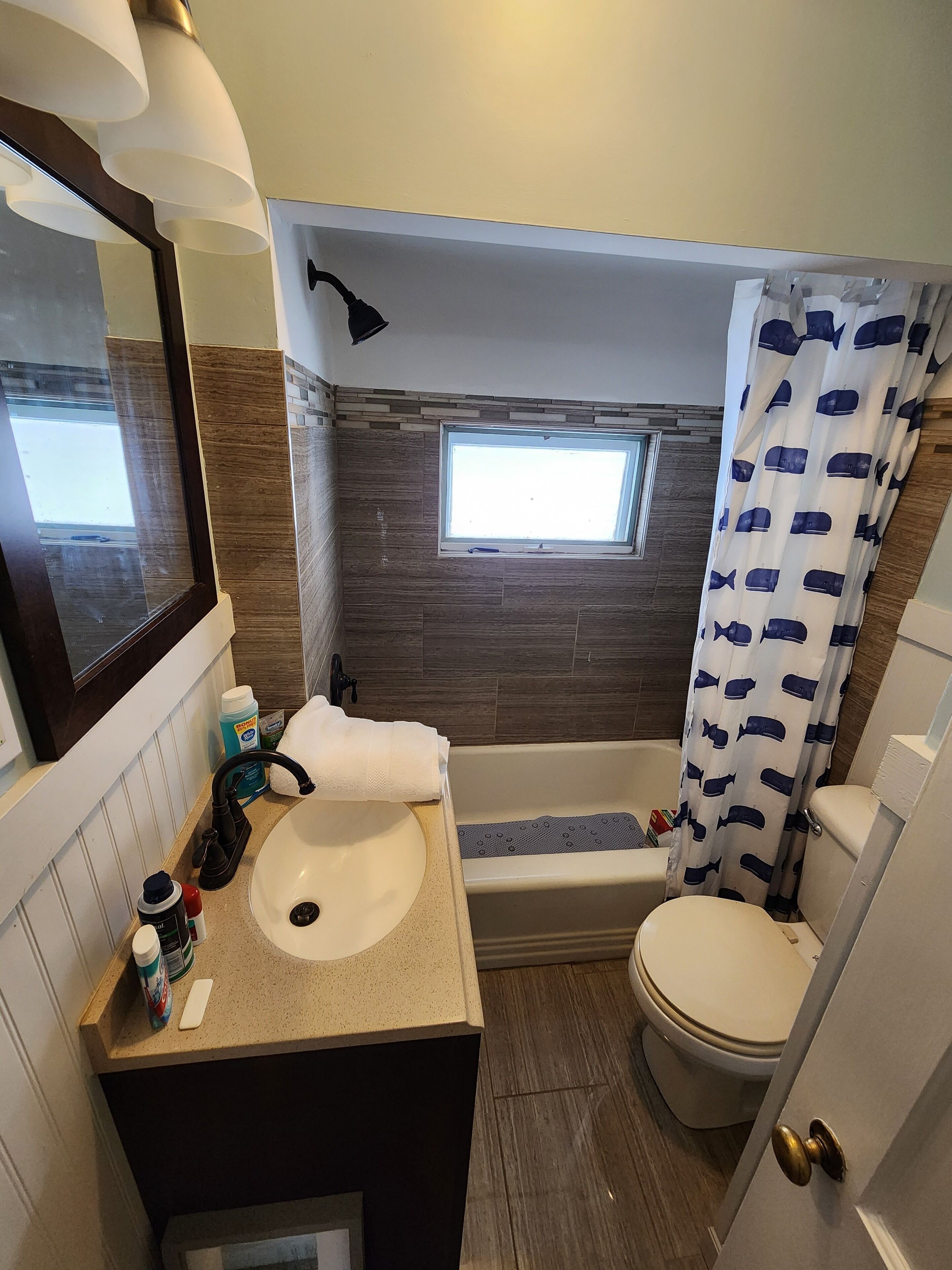 Hair dryer, towels, toilet paper