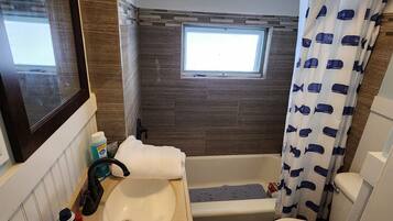 Hair dryer, towels, toilet paper