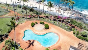 Ein Pool mit geschwungener Form, umgeben von Palmen und Blick auf den Strand.
